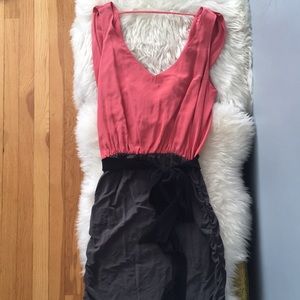 Salmon pink and slate gray twofer dress